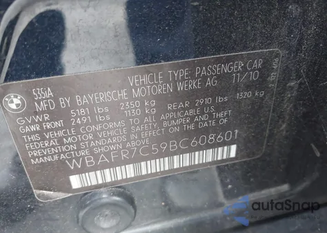 2011 BMW 535I из США, поврежденный, VIN WBAFR7C59BC608601